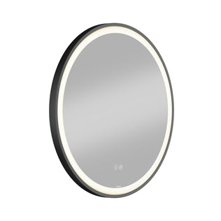 Artika Mateo 28 in. LED mirror, black frame, 3 CCT, built-in defogger, round shape; shown on white background.