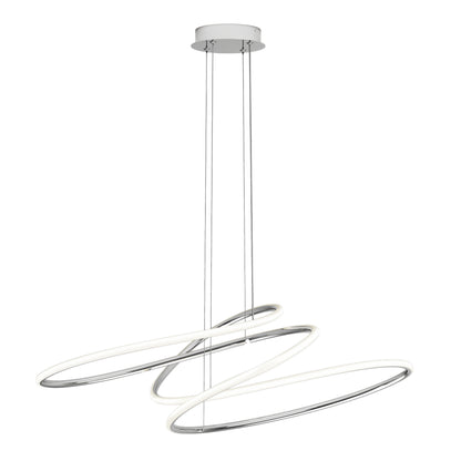 Artika’s Swirl Butterfly LED contemporary pendant light features three interlocking oval rings with a chrome finish, suspended by thin wires from a round mount, offering adjustable 3 CCT soft white glow for modern décor.