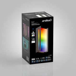 A black Artika box displays the Ryker smart RGB indoor-outdoor wall light—shown as a modern, rectangular LED fixture emitting multicolored light. Icons and text highlight key features and technical specs.