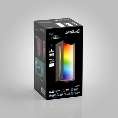 A black Artika box displays the Ryker smart RGB indoor-outdoor wall light—shown as a modern, rectangular LED fixture emitting multicolored light. Icons and text highlight key features and technical specs.