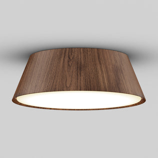 The Artika Dunham 15 in. LED flush mount light features a walnut finish, round tapered design, and dimmable glowing center.