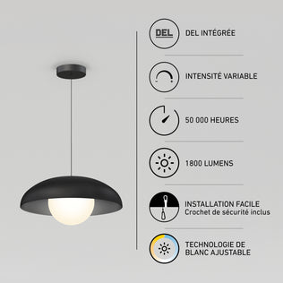 Black Boden LED modern mid-century pendant light 3 CCT featuring a globe bulb, integrated dimmable LED, 50,000-hour life, 1800 lumens, and 3 CCT.
