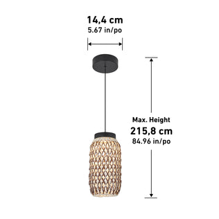 The Benson Mini LED pendant light 5 CCT by Artika features a woven cylindrical rattan shade (diameter 14.4 cm), black ceiling mount, and adjustable cord with max hanging height of 215.8 cm.