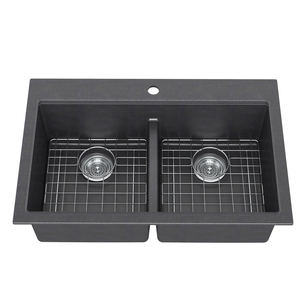Artika Baycrest 33″ double bowl black kitchen sink with metal grids and drains, top view.