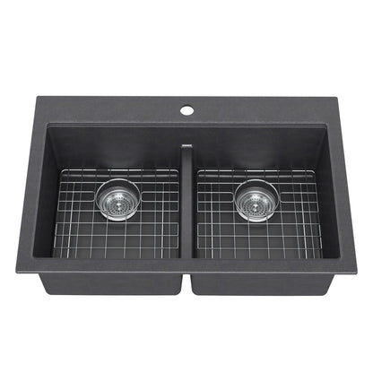 Artika Baycrest 33″ double bowl black kitchen sink with metal grids and drains, top view.