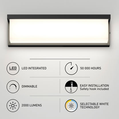 The Artika Bristol modern LED bathroom vanity light 3 CCT features integrated LEDs, a 50,000-hour lifespan, dimmability, easy installation, 2,000 lumens brightness, and selectable white technology.