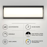 Rectangular wall-mounted LED light fixture above icons and text highlighting features: LED integrated, 50,000 hours lifespan, dimmable, easy installation, 2000 lumens, and selectable white technology.