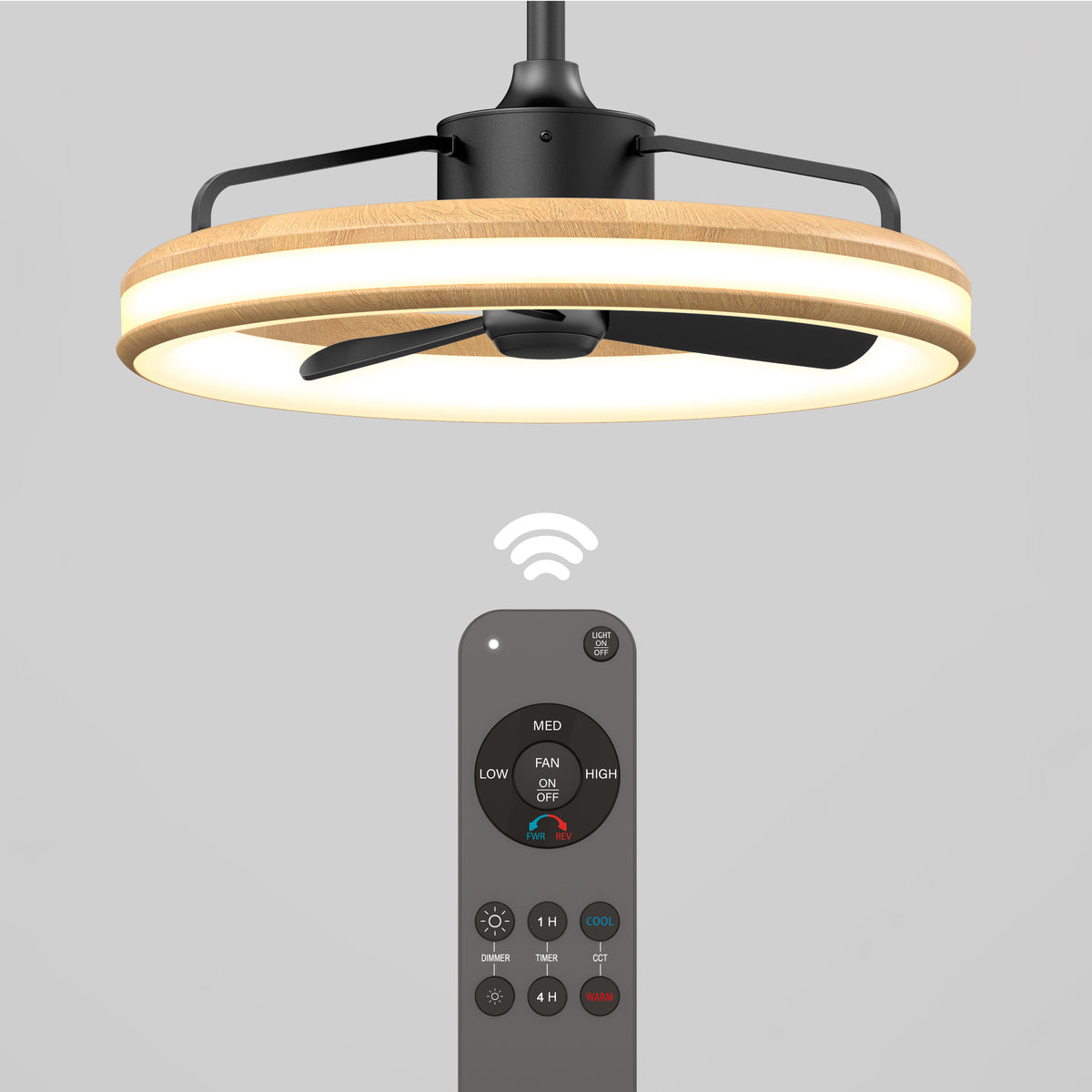 The Artika Lugano 23 in. LED modern ceiling fan, featuring a circular light and wooden trim, is shown above its remote control with fan speed, light, and timer buttons and a wireless signal icon connecting the two.