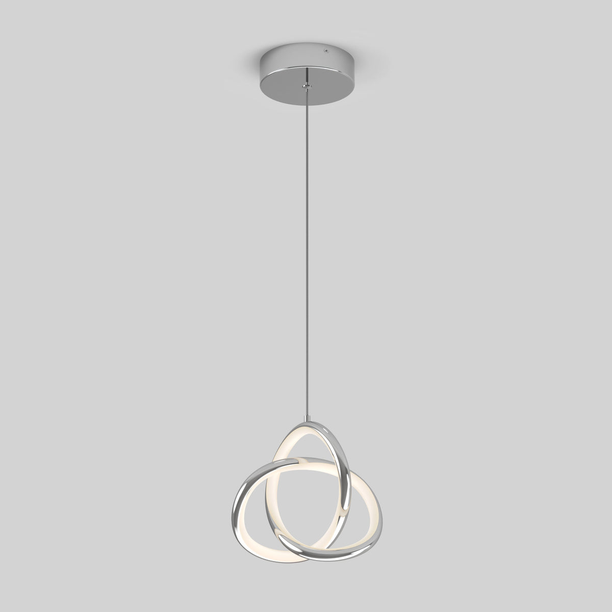 Modern ceiling pendant light with three interlocking metallic rings, two of which are illuminated, hanging from a round ceiling mount by a thin cord against a plain light gray background.