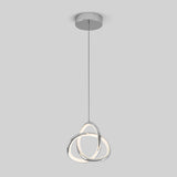 Modern ceiling pendant light with three interlocking metallic rings, two of which are illuminated, hanging from a round ceiling mount by a thin cord against a plain light gray background.