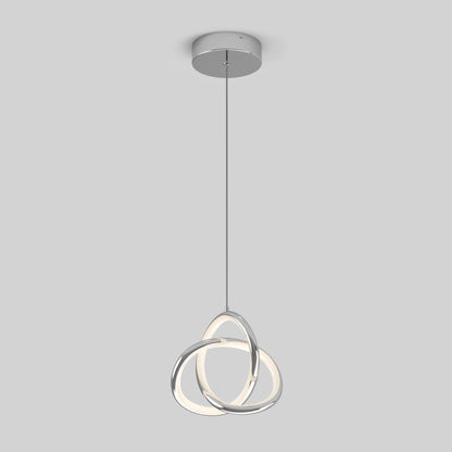 The Artika Zephyr LED pendant features three interlocking metallic rings suspended from a round ceiling mount, shown against a plain light gray background.