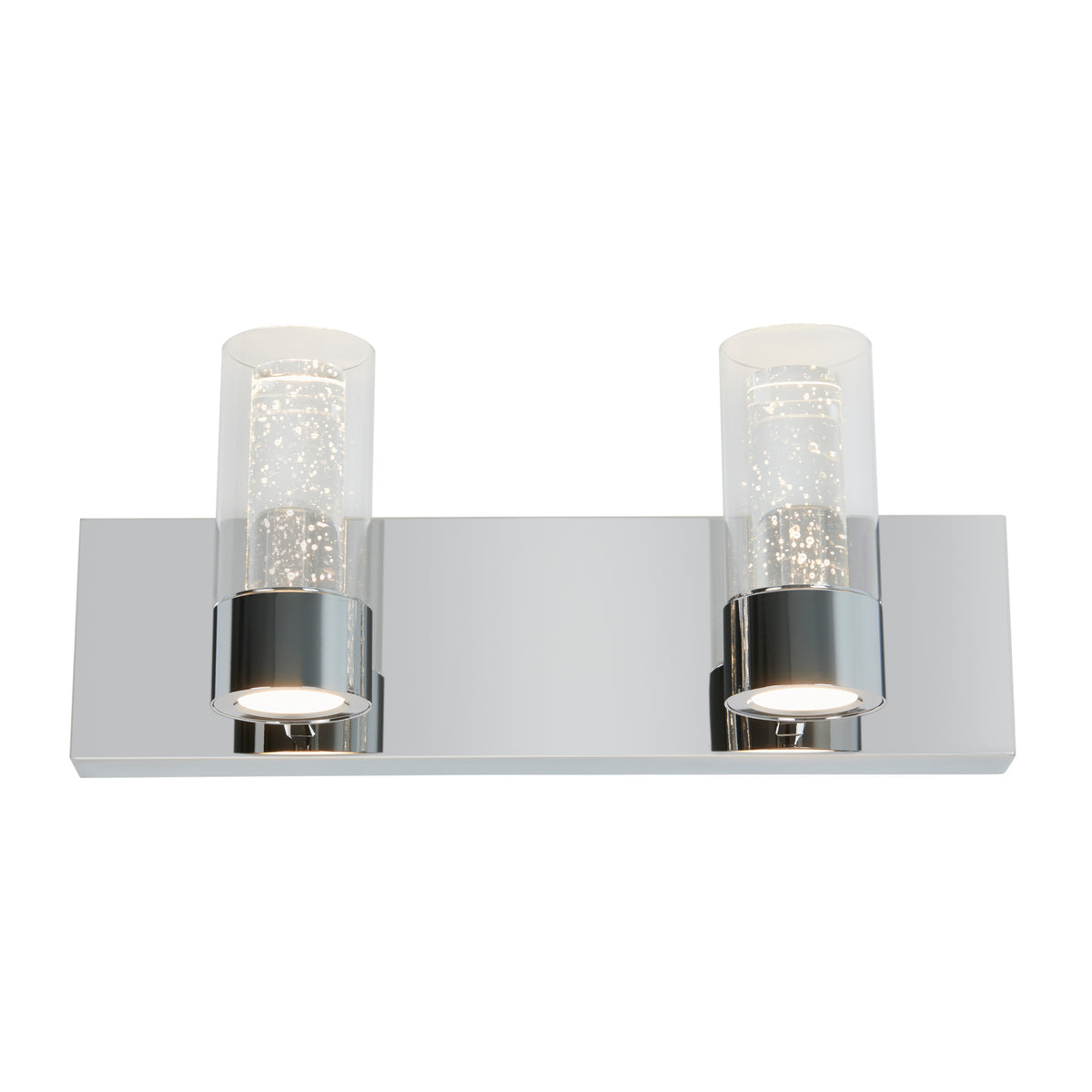 A modern wall light fixture with a rectangular chrome base and two cylindrical glass shades, each containing small decorative bubbles, positioned upright on top of the base.