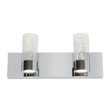 A modern wall light fixture with a rectangular chrome base and two cylindrical glass shades, each containing small decorative bubbles, positioned upright on top of the base.