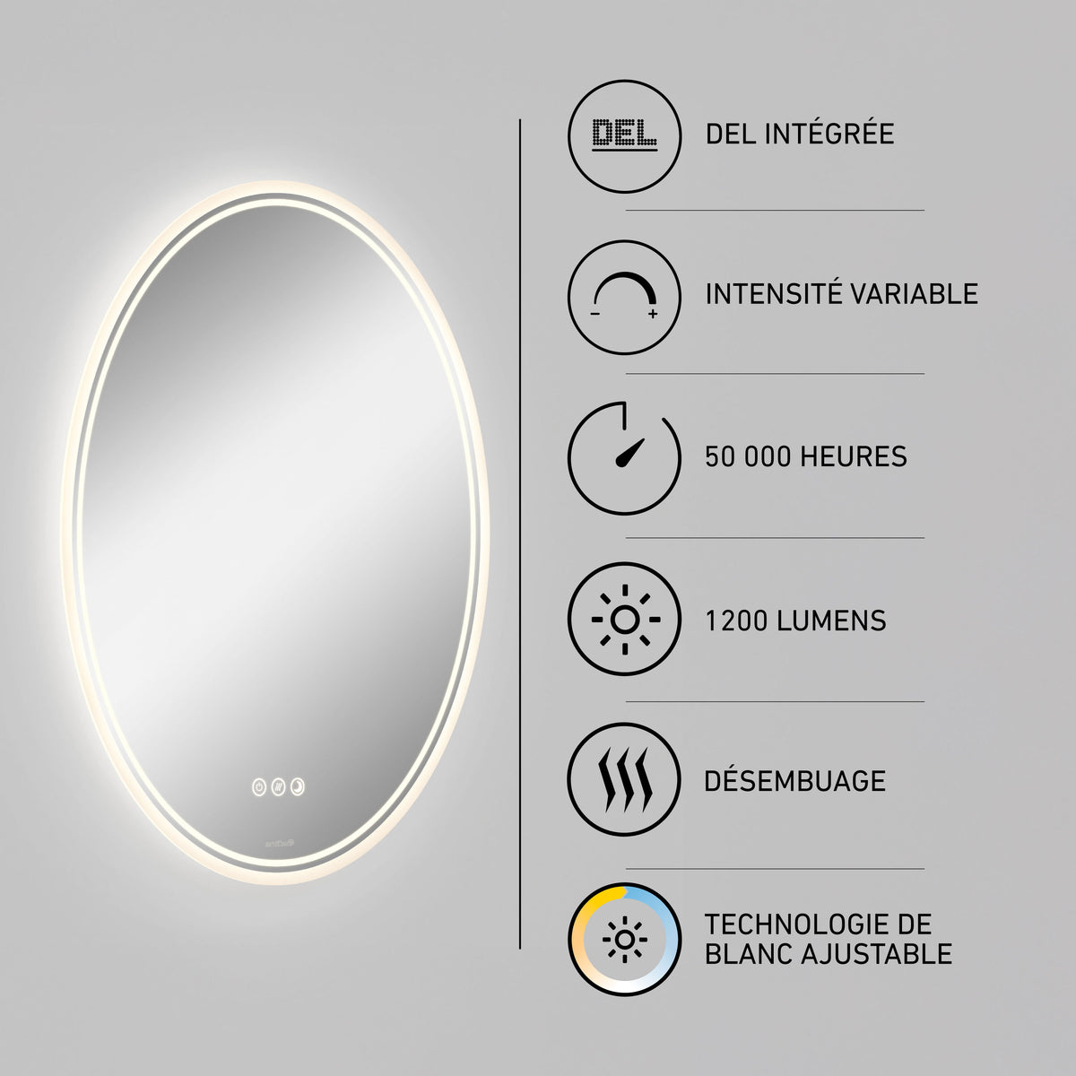 Artika Corby 22″x28″ LED mirror, 3 CCT, 1200 lumens, defogger, French/English icons, adjustable brightness, 50K hrs.