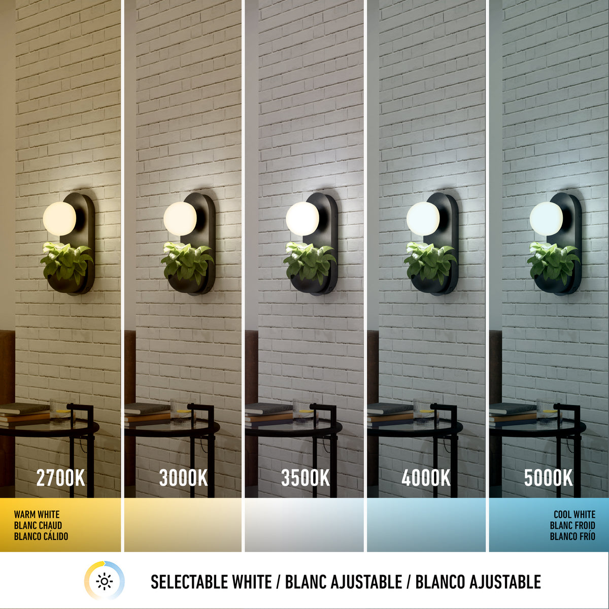 The Artika Bloomfield LED modern mid-century wall sconce 5 CCT is shown above a small table under five selectable white color temperatures, from warm (2700K) to cool (5000K), highlighting its adjustable white light settings.