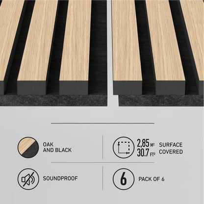 Close-up of Artika Sonolok sound-absorbing wall panel kit in oak and black, 6-pack covers 2.85m² (30.7ft²). Icons highlight color, soundproofing, and surface coverage.