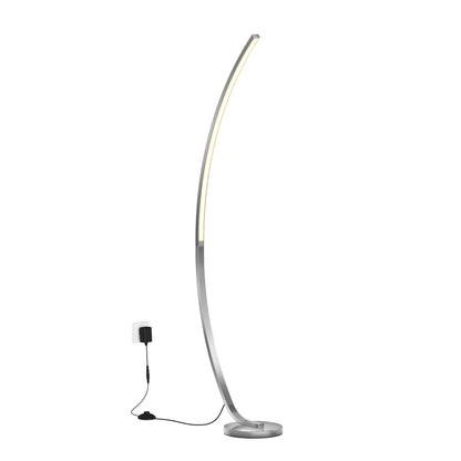The Artika Arc LED Floor Lamp features a modern curved silver design, integrated LED light strip, round base, and black cord with adapter for wall plug-in. This stylish lamp adds elegance to any space.