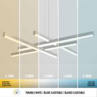Artikas Grid modern LED pendant light 5 CCT is shown under five white color temperatures, from warm (2700K) to cool (5000K), each labeled in English, French, and Spanish.