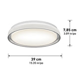 White circular ceiling light fixture with dimensions labeled: 7.85 cm (3.09 inches) in height and 39 cm (15.35 inches) in diameter. The light is illuminated and shown against a white background.