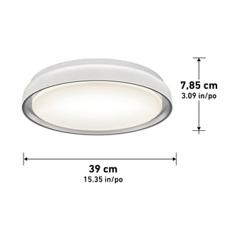 The Artika Niko 15.5 in. modern LED flush mount light features a white shade and measures 7.85 cm (3.09 in) tall by 39 cm (15.35 in) wide, offering a sleek round design with 5 CCT options for versatile lighting.