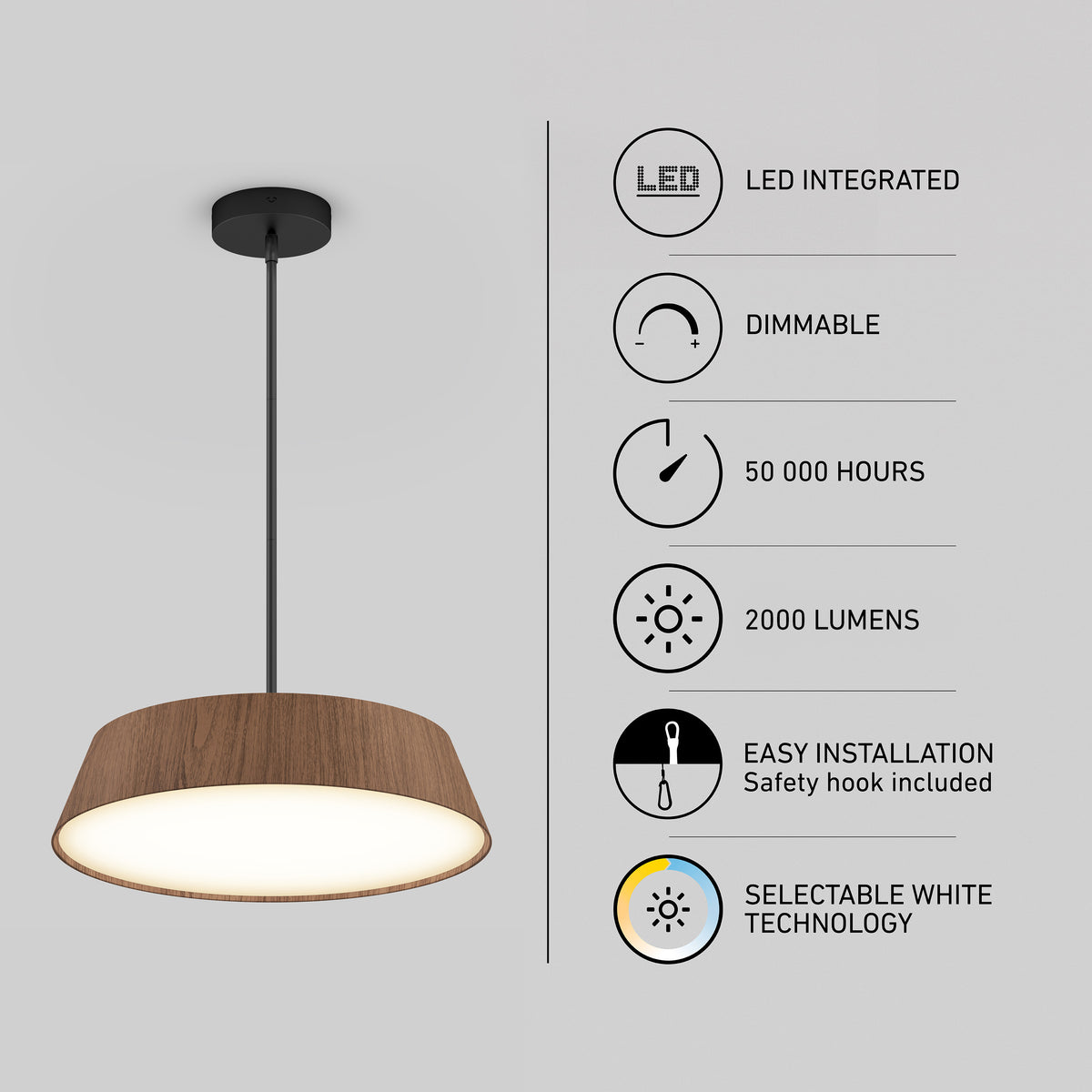 A modern pendant light with a wooden shade hangs from the ceiling. Beside it, icons and text describe its features: LED integrated, dimmable, 50,000 hours lifespan, 2000 lumens, easy installation, and selectable white technology.