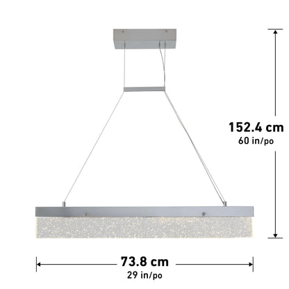 The Artika Essence Bar LED pendant light features a modern rectangular design with a textured illuminated bar suspended from two thin wires and a rectangular ceiling mount. Dimensions: 73.8 cm W x 152.4 cm H (available in inches).