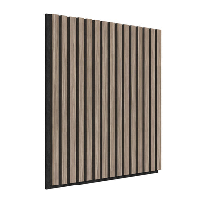 The Artika-CAN-dev Sonolok 15.5 ft sound-absorbing wall panel kit features rectangular panels with vertical light brown wooden slats and narrow black gaps, shown from an angle against a white background.