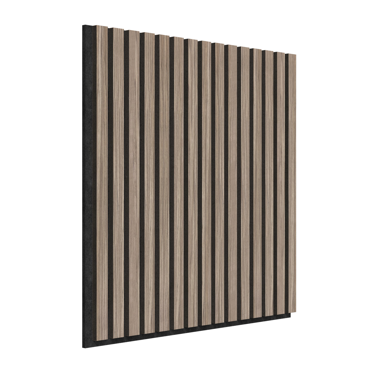 A rectangular acoustic wall panel with alternating vertical light wood and black slats, viewed at an angle against a white background.