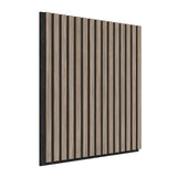 A rectangular acoustic wall panel with alternating vertical light wood and black slats, viewed at an angle against a white background.