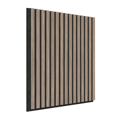 The Artika Sonolok 15.5 ft sound-absorbing wall panel kit features alternating vertical light wood and black slats, displayed at an angle against a white background.