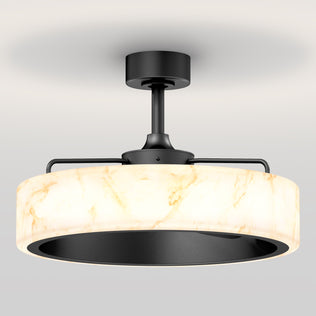The Artika Selena 23 in. LED modern ceiling fan features a remote, sleek design, and round marble-patterned shade with black mount.
