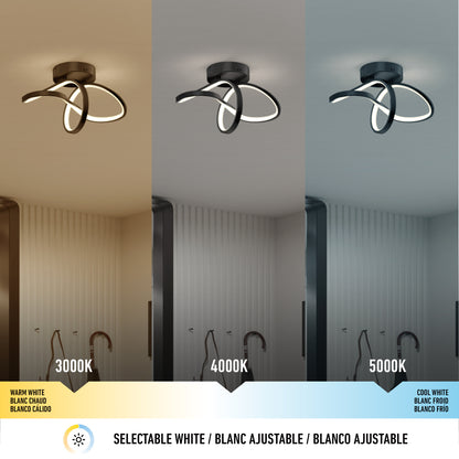 The Artika Loop modern LED flush mount light 3 CCT is displayed above a bathroom sink, showcasing warm (3000K), neutral (4000K), and cool white (5000K) color temperature options.