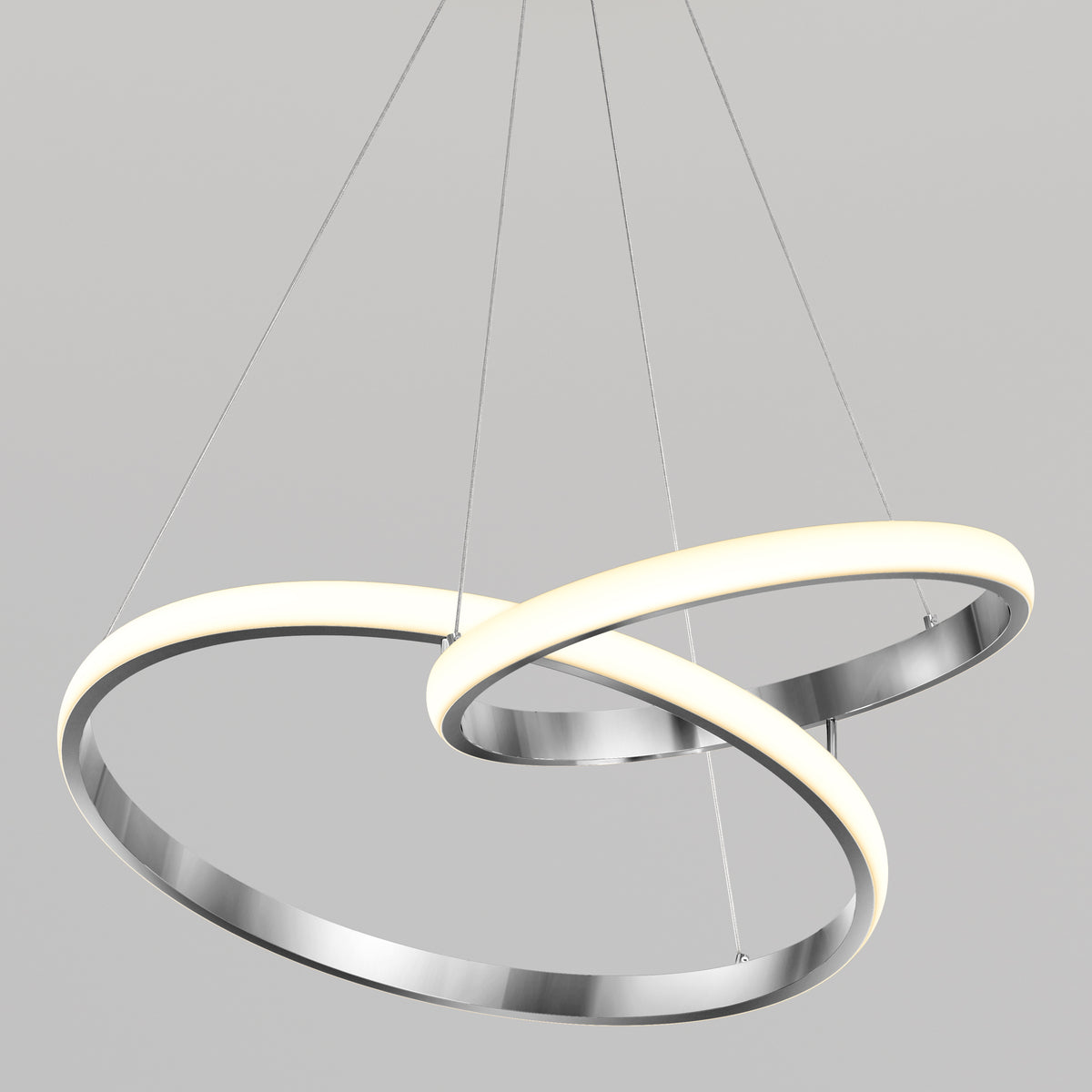 Artika Mora 28″ LED Pendant: 5CCT dimmable, one illuminated ring intersects another, both suspended by sleek wires.