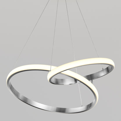 Artika Mora 28″ LED Pendant: 5CCT dimmable, one illuminated ring intersects another, both suspended by sleek wires.