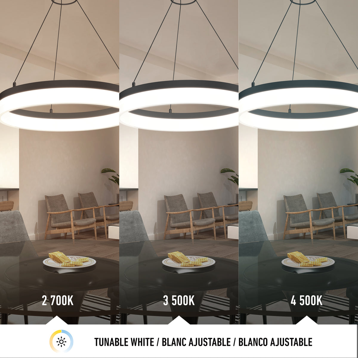 Side-by-side comparison of a modern living room lit by a ring pendant light at three color temperatures: warm (2700K), neutral (3500K), and cool white (4500K), showing changes in room ambiance.