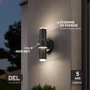Artika Dani modern LED indoor-outdoor wall light 5 CCT in black, featuring a dual-cylinder design, energy-efficient technology, and a 5-year warranty.