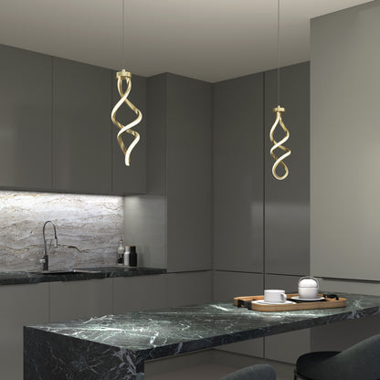 Modern kitchen with dark cabinetry and a marble countertop. Two sculptural, twisted pendant lights hang above the counter. The backsplash features a subtle marble pattern, and a tray with cups sits on the counter.
