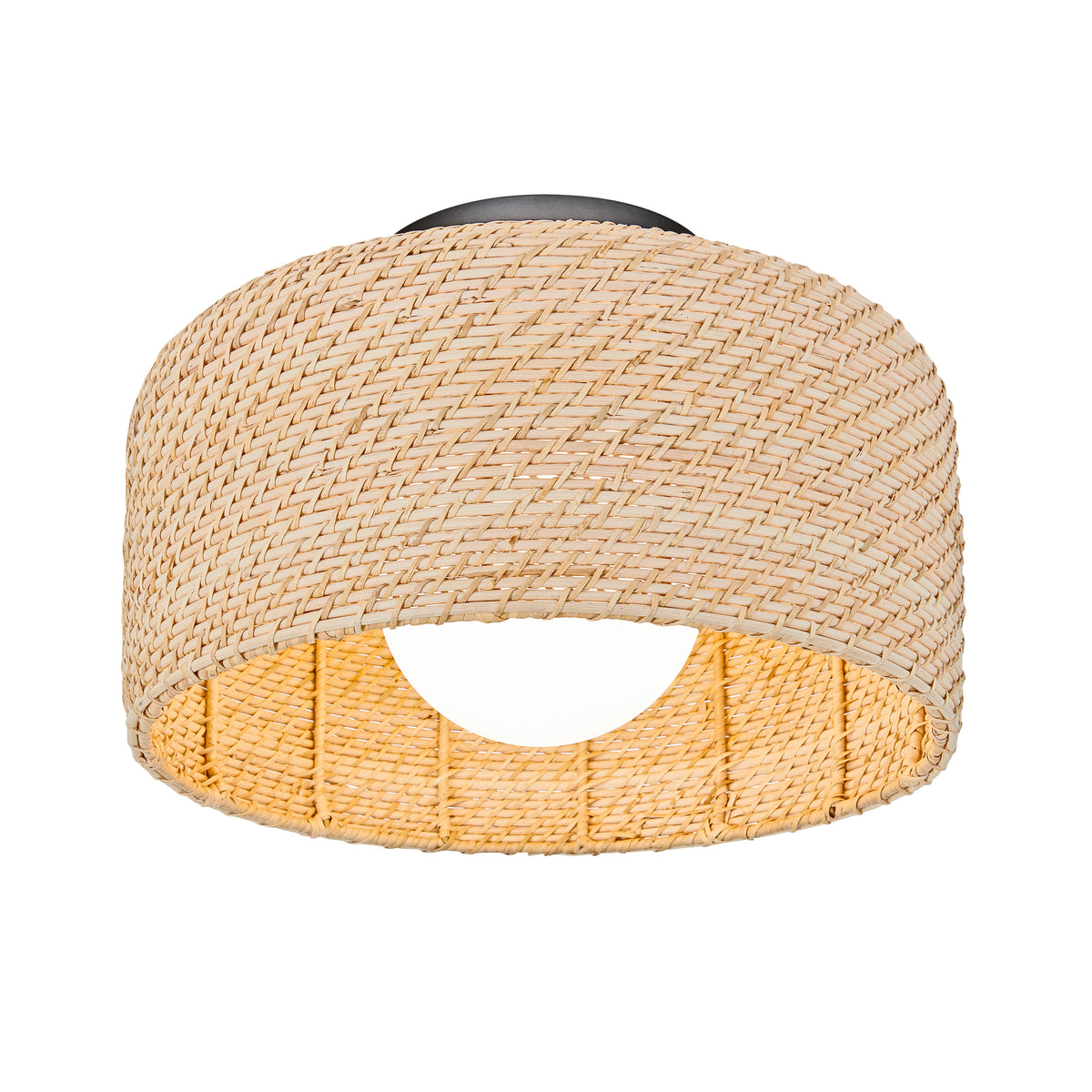 A woven rattan ceiling light fixture with a cylindrical shape and open bottom, showcasing a natural, textured pattern.