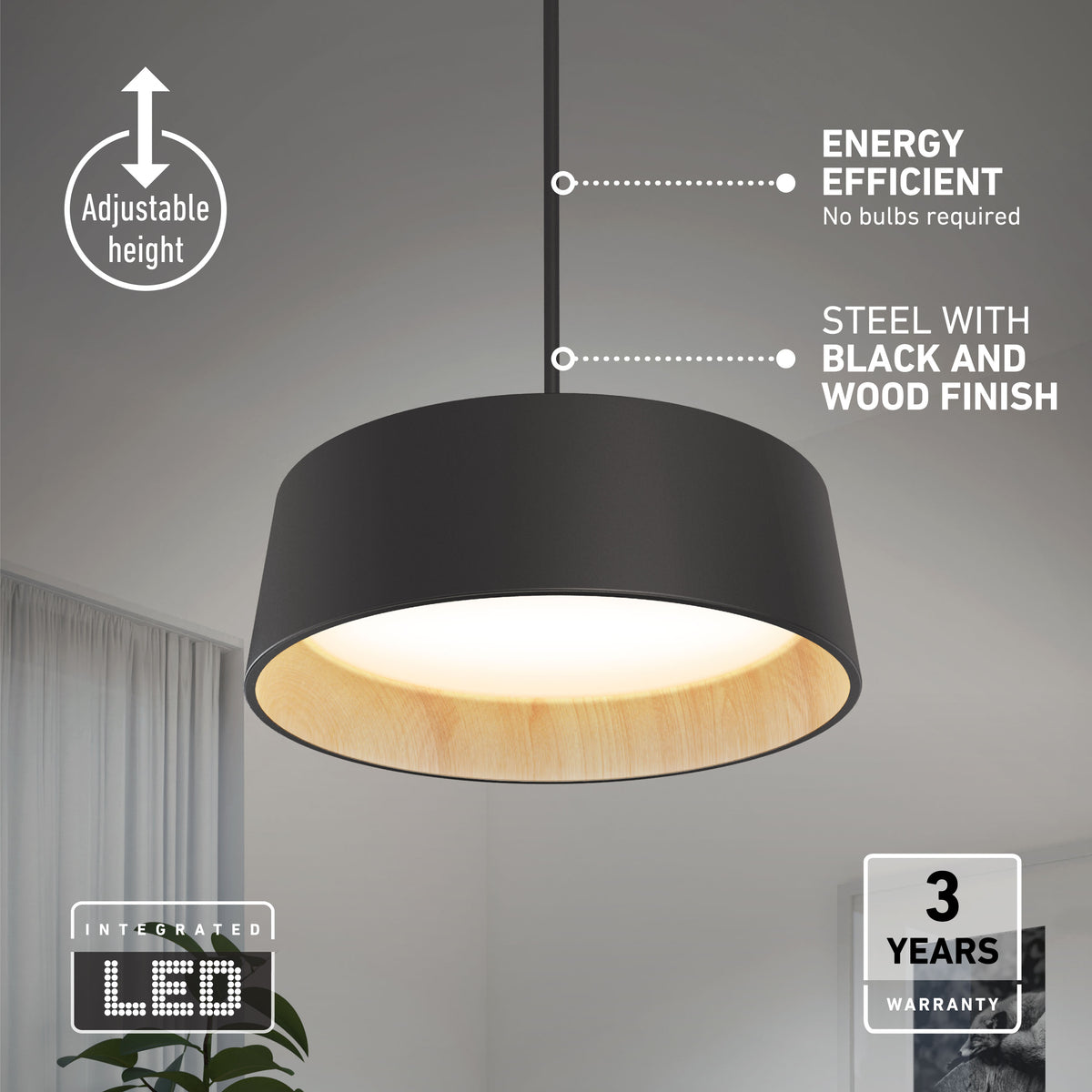 The Artika Alton modern LED pendant light features adjustable height, energy-efficient integrated LED with 5 CCT options, a durable steel frame in black and wood finish, and comes with a 3-year warranty.