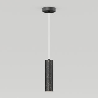 The Artika Cosmic modern LED pendant light 3 CCT is a sleek black cylindrical fixture with a perforated pattern, suspended from the ceiling and glowing against a plain white background.