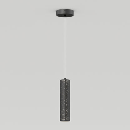 The Artika Cosmic modern LED pendant light 3 CCT is a sleek black cylindrical fixture with a perforated pattern, suspended from the ceiling and glowing against a plain white background.