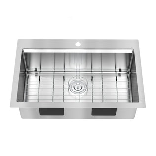 The Artika Newport single bowl 31 in. stainless steel workstation sink features a central drain, rear single faucet hole, and protective bottom grid, as seen from above.