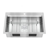 Stainless steel rectangular kitchen sink with a single basin, protective grid at the bottom, centered drain hole, and a single faucet hole on the back ledge, viewed from above.