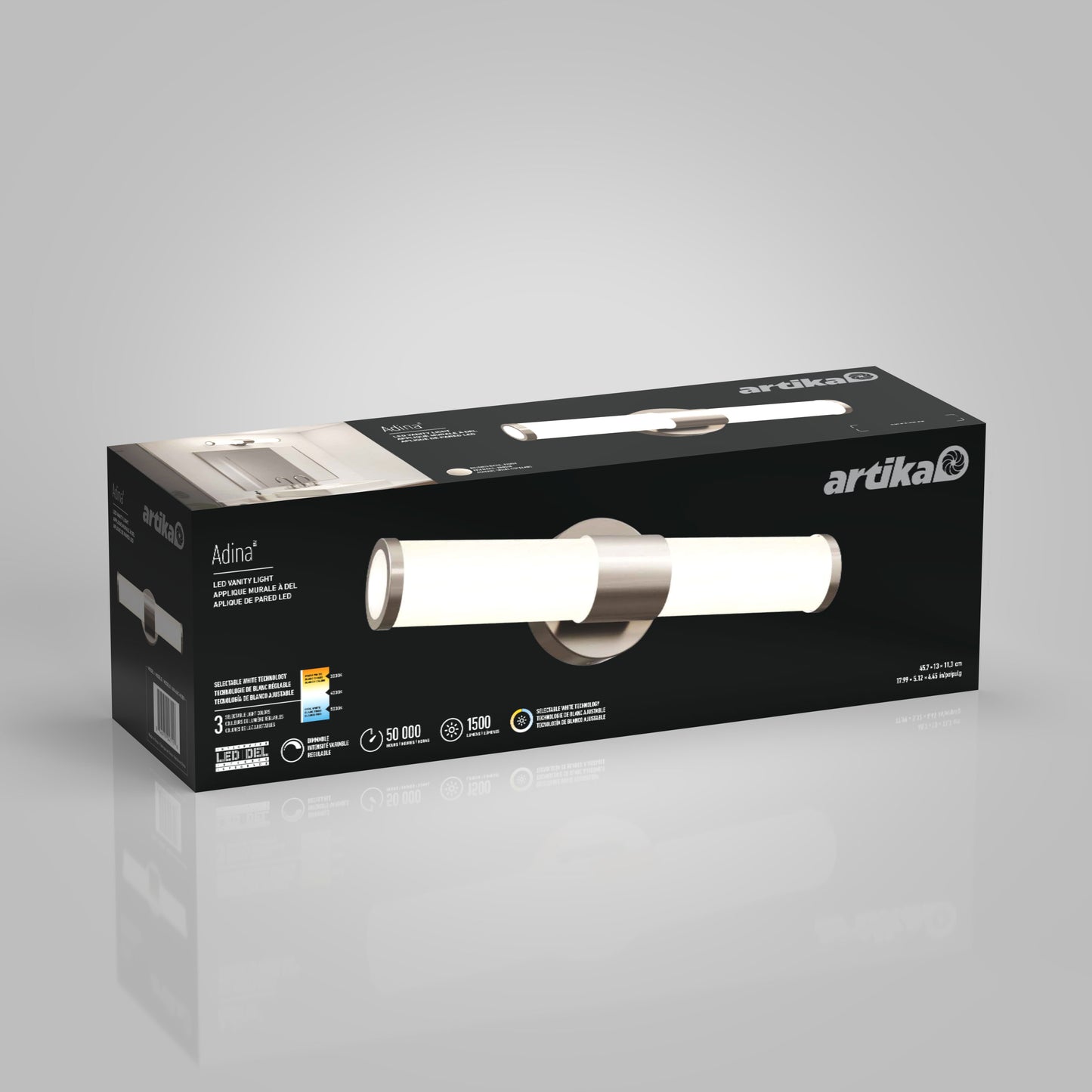 Black rectangular product box for the Artika Adina modern bathroom vanity light 3 CCT, showing the fixture image on the front and details like wattage, warranty, and certifications on the sides.