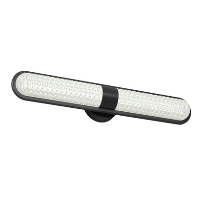 The Artika Carat LED contemporary bathroom vanity light 3 CCT features a modern wall-mounted design with a black central mount and two elongated, textured cylindrical light covers extending from each side.