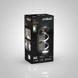 A black rectangular box with the brand name Artika displays a modern LED wall light fixture called Swirl. The packaging shows product images, features, and specifications on a gray gradient background.