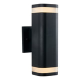 A modern black outdoor wall sconce with a rectangular shape, emitting warm light from frosted bands at the top and bottom, mounted on a flat rectangular base.