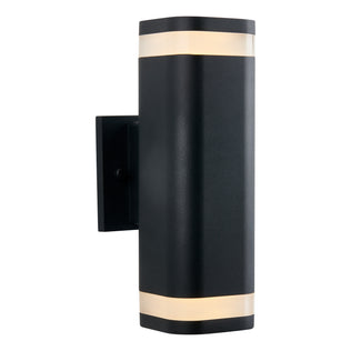 The Artika Mettle LED indoor-outdoor wall light features a modern black, elongated cylindrical design on a rectangular base, emitting diffused light both up and down through frosted end bands.