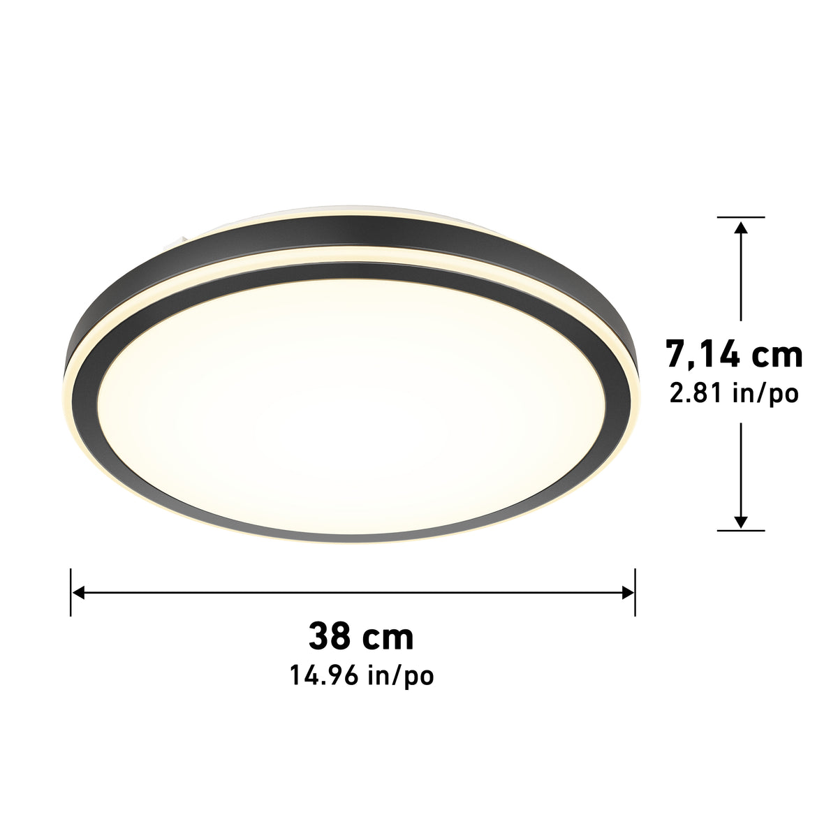 A round ceiling light with a black rim, measuring 38 cm (14.96 in) in diameter and 7.14 cm (2.81 in) in height. The light is shown from a slightly angled view.
