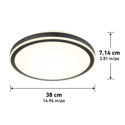 The Artika Altitude 15 in. LED modern flush mount light features a black outer edge, glowing white center, measures 38 cm (14.96 in) in diameter and 7.14 cm (2.81 in) high; measurements shown with arrows.